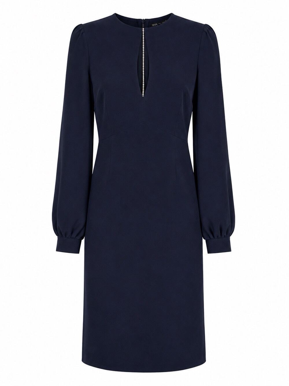 ZARA Navy Blue Rhinestone Keyhole Knee Length Dress Slit Long Sleeve Size 5